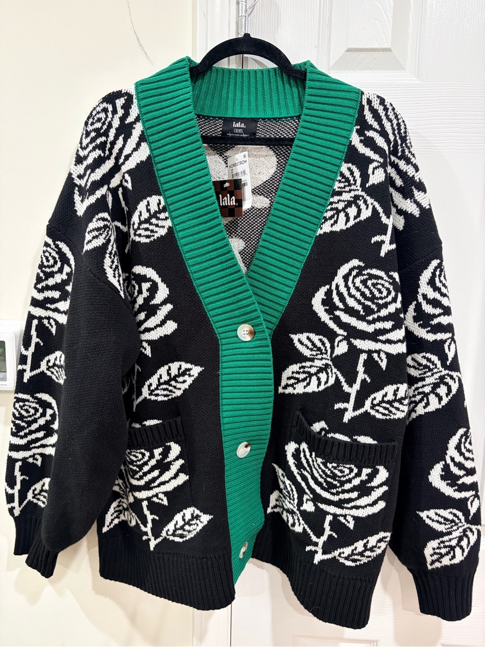 Lala Floral Knit Cardigan Sweater - Black, White & Green Trim